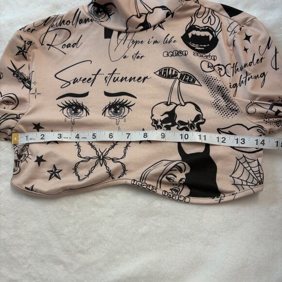 Shein Long Sleeve Tattoo Print Crop Top With Mock Neck Beige & Black Womans M - Picture 7 of 16